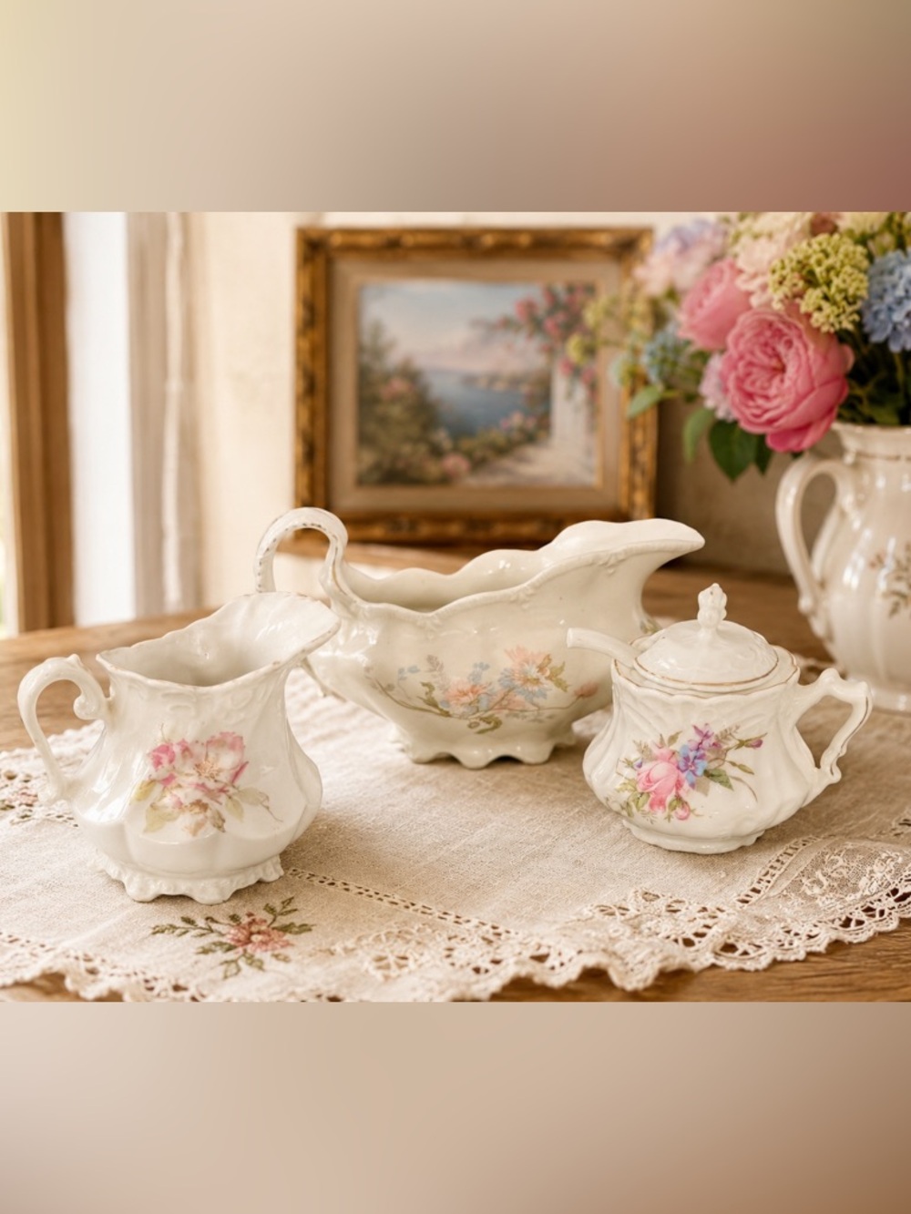 Vintage Porcelain Floral Creamer, Sugar & Gravy boat set. Johnson & Bros England